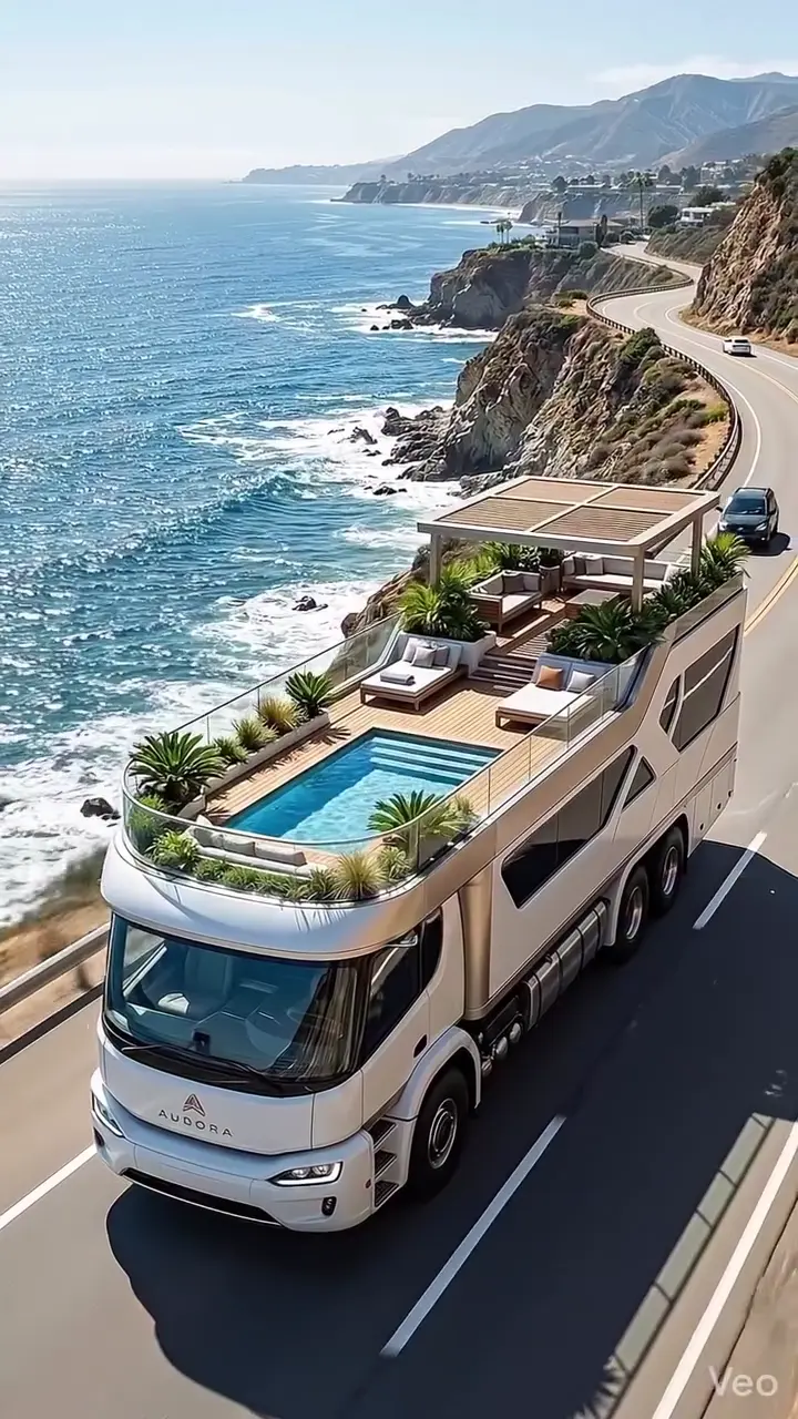 AI-generated concept ad created with Veo 3.1 showing a futuristic RV and smooth aerial camera travel above a coastal highway.